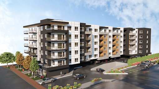 Modern Apartment Building at Woodland Place Apartments, Langford, BC
