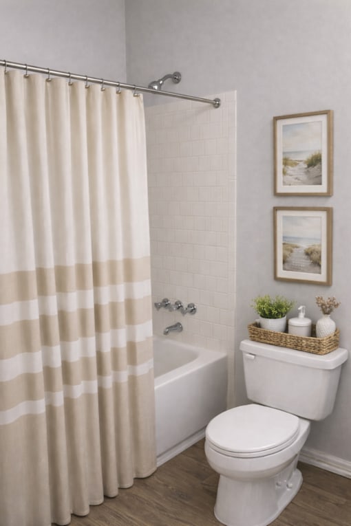 A white toilet sits next to a bathtub with a shower curtain.