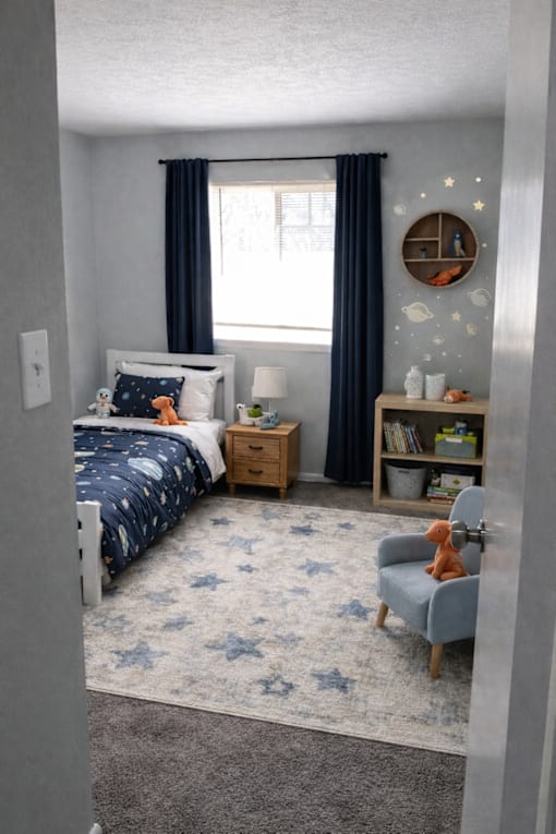 A bedroom with a bed, chair, and window.