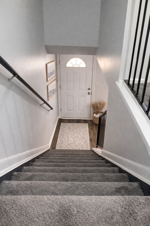 A staircase with a carpeted runner and a white door at the bottom.
