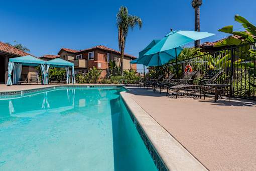 A swimming pool with a blue umbrella and a house in the background.