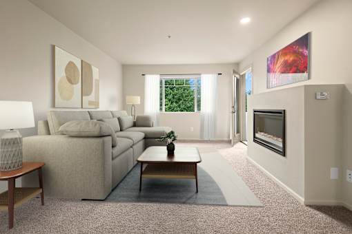 A living room with a couch, a coffee table, and a painting on the wall.