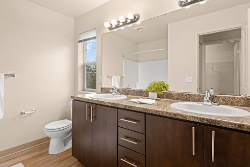 A bathroom with a toilet, sink, and mirror.
