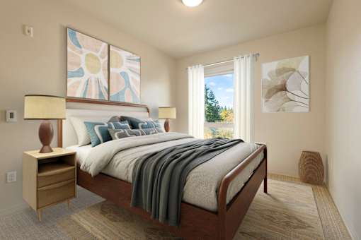 A bedroom with a bed, nightstand, and lamp.