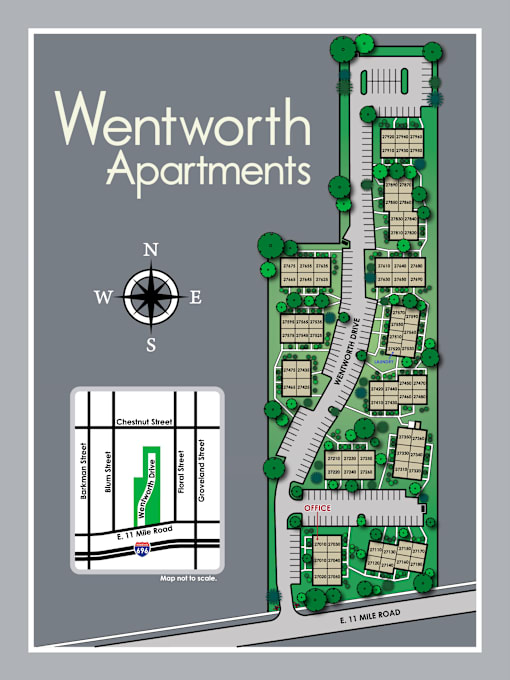 A map of Wentworth Apartments with a compass rose and a small inset map.