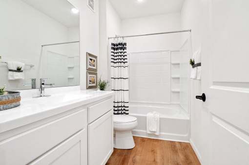 A white bathroom with a toilet and a shower.