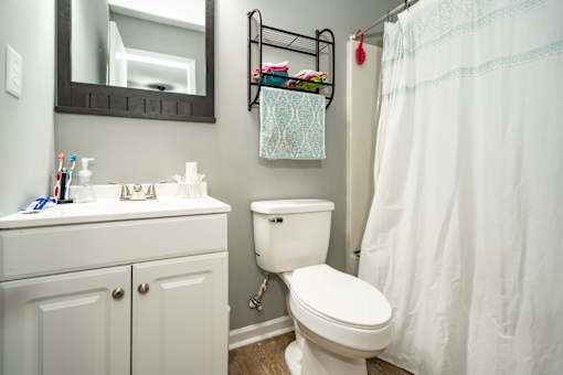 Bathroom with a sink, toilet, and shower.