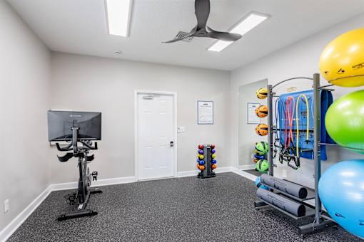 A room with a treadmill, exercise balls, and a fan.