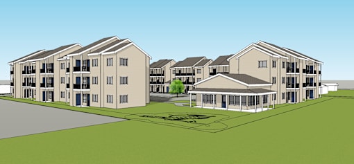 A rendering of a modern apartment complex with multiple buildings and balconies.