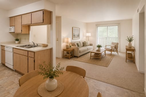 A modern kitchen with wooden cabinets and a dining table with chairs.