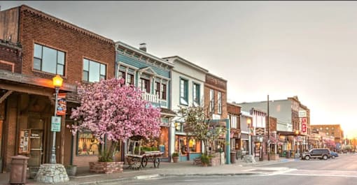 A street view of a town with buildings and a car.
