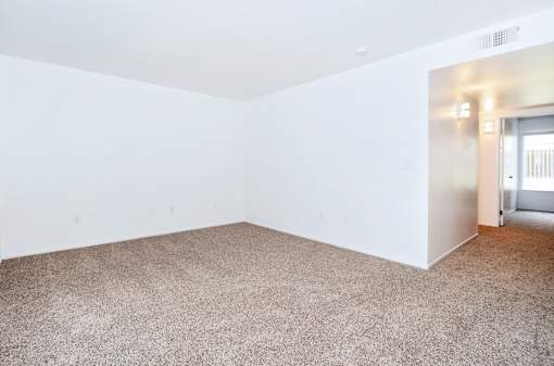 A room with a carpeted floor and a door on the right side.