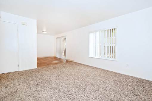 A room with a carpeted floor and a door on the left.