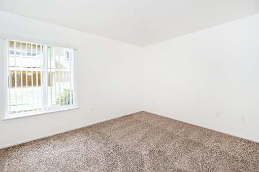 A room with a carpeted floor and a window.