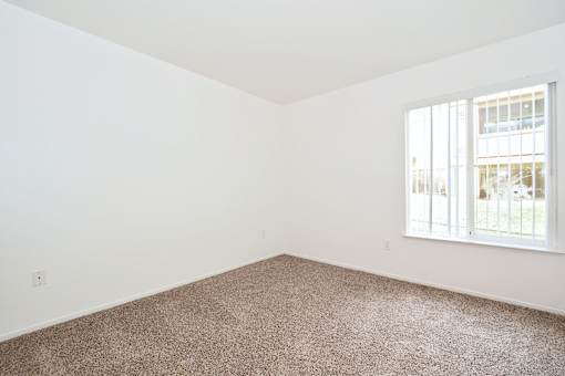 A room with a carpeted floor and a window.