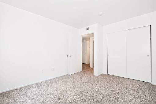 A white room with a carpeted floor and a door on the left.