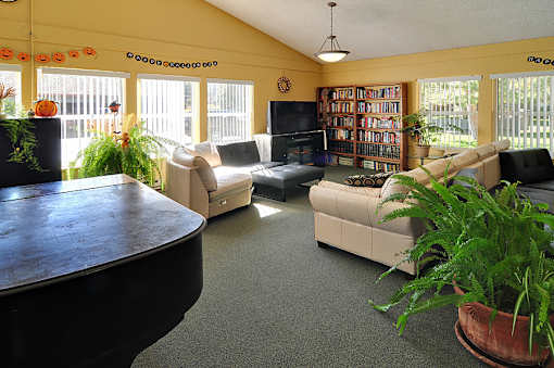 A living room with a couch, a chair, a coffee table, a television, and a bookshelf.