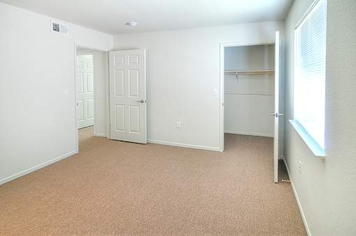 A room with a carpeted floor and two white doors.