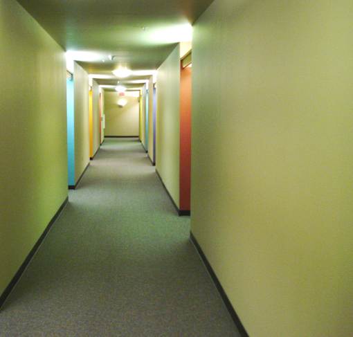 A long hallway with a carpeted floor and walls painted in yellow and orange.