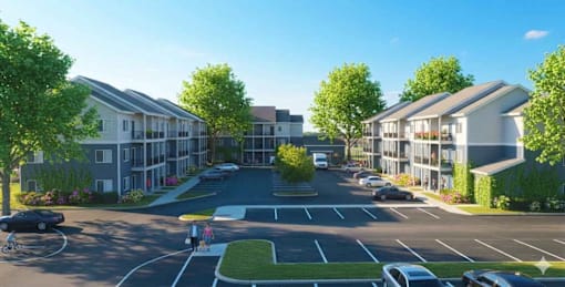 A street view of a residential area with cars parked and a person walking.