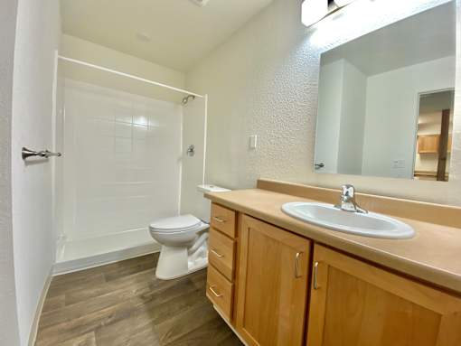 A bathroom with a toilet, sink, and mirror.