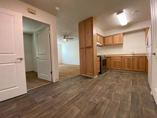 A kitchen with wooden cabinets and a wooden floor.