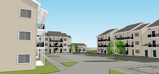 A drawing of apartment buildings with a courtyard in the middle.