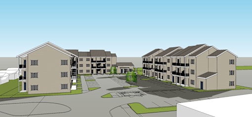 A rendering of a residential complex with multiple buildings and a central courtyard.