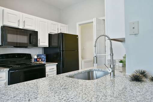 Kitchen with black appliances at Braxton Woods Lake, Greenville