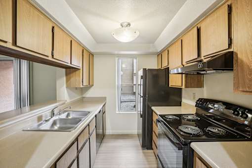 A kitchen with black appliances and wooden cabinets.