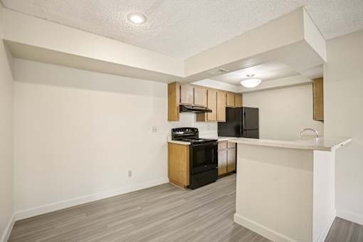 A kitchen area with a black fridge, stove, and microwave.