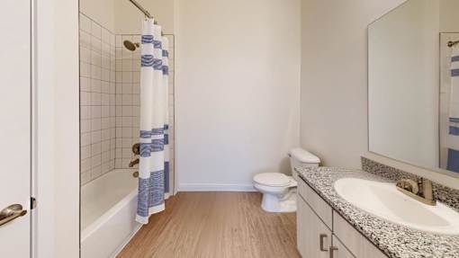 A bathroom with a white toilet, a sink, and a shower with a blue and white shower curtain.