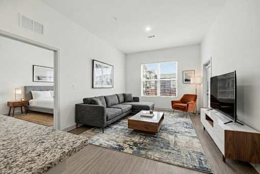 A living room with a grey sofa, a wooden coffee table, and a television.
