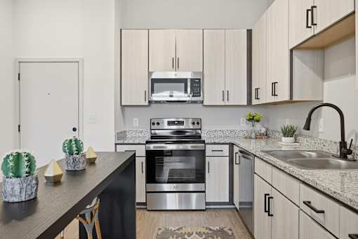 A modern kitchen with a stainless steel oven and a black countertop.