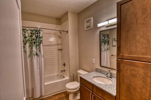A bathroom with a toilet, sink, and shower.
