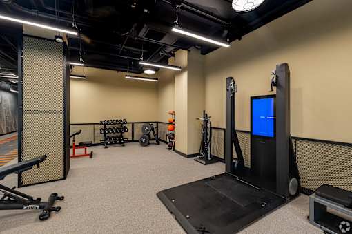 A gym with a variety of equipment including a treadmill, weights, and a screen.