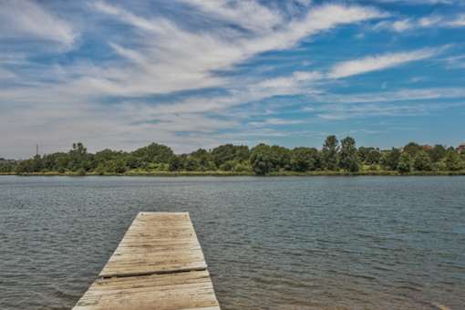 A wooden dock at Standing Bear Lake, Omaha, NE