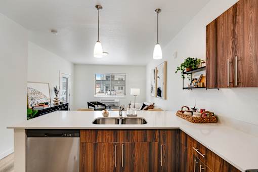 A modern kitchen with wooden cabinets and a stainless steel dishwasher.