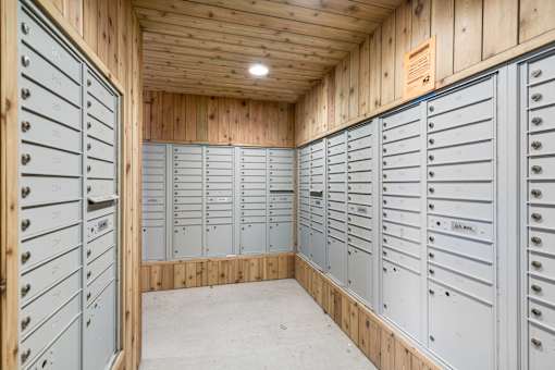 A room with wooden walls and ceiling and a long row of metal lockers.
