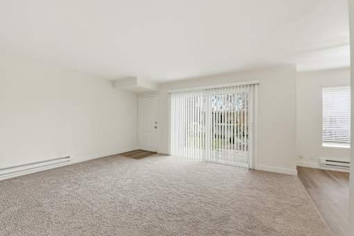 A room with a carpeted floor and a sliding door.