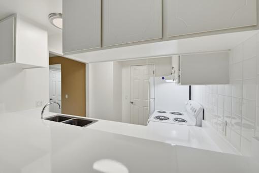 A modern kitchen with white cabinets and a stove top oven.