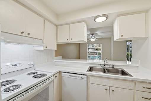 A white kitchen with a stove, dishwasher, and sink.