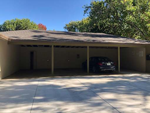 A black car is parked in a garage with a tree in the background.