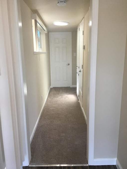 a hallway with a carpeted floor and a white door