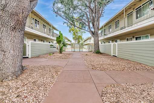 A tree-lined walkway leads to a building with a balcony.