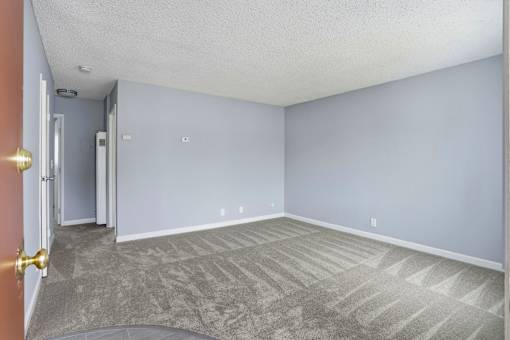A room with a carpeted floor and a door on the left.