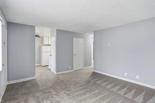 A spacious room with a carpeted floor and a few doors.