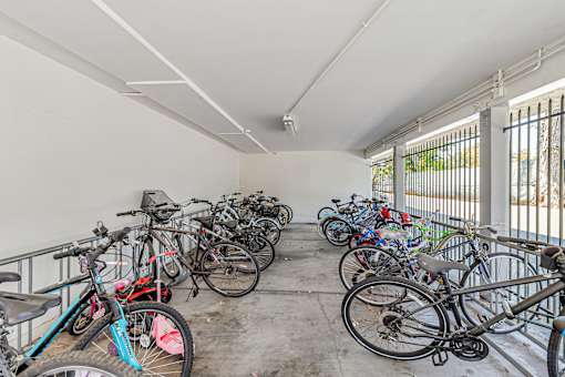 A bike rack full of bicycles in a white room.