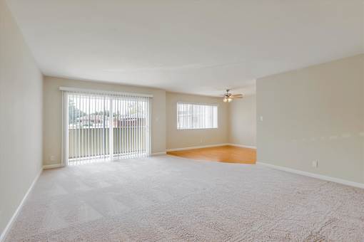 A spacious room with a carpeted floor and a ceiling fan.