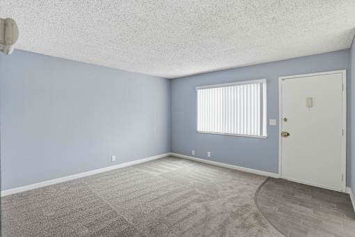 A room with a carpeted floor and a white door.
